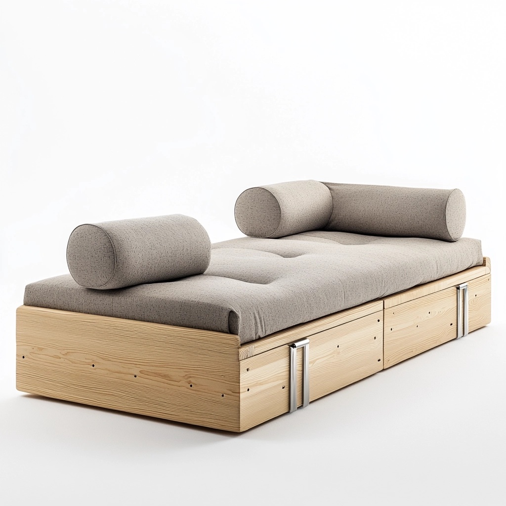 Sofá Cama de Pino y Tela Gris para Sala de Estar con Almacenamiento