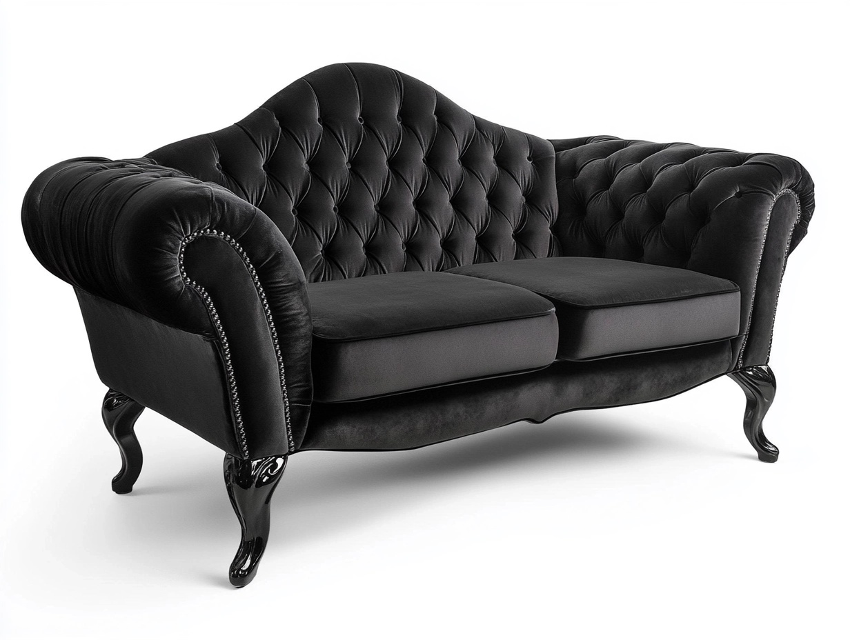 Sofá clásico tapizado de terciopelo negro para sala de estar dos plazas respaldo alto y patas de madera estilo vintage 180x95x105 cm bw0151421