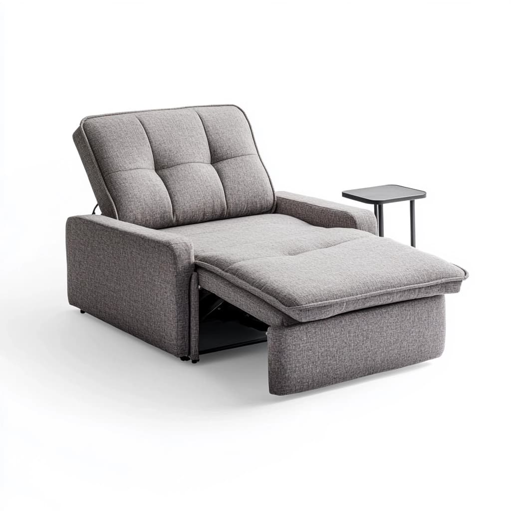 Sofá cama reclinable tejido lino gris un plazas con mesa auxiliar