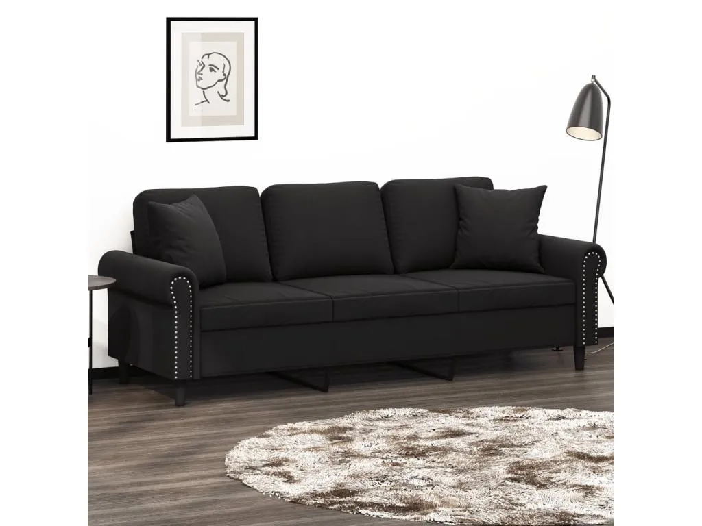 Sofá de 3 plazas con cojines terciopelo negro 180 cm