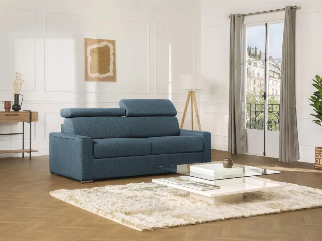 Sofá cama de 3 plazas de tela de apertura rápida Decoencanto - Azul - Cama de 140 cm - Colchón de 14 cm con memoria de forma
