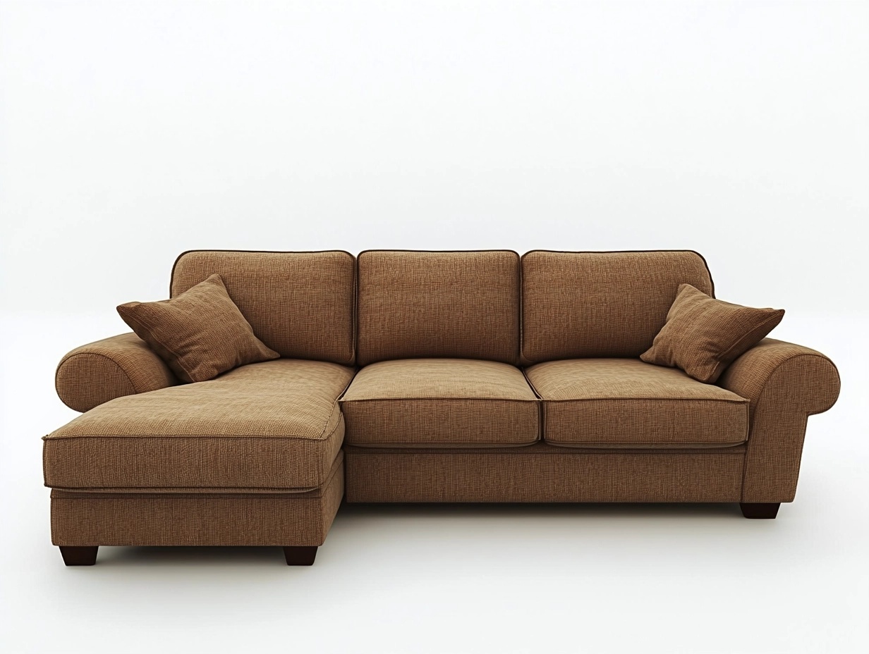 Sofá seccional marrón de lino moderno para sala 250x160 cm con chaise longue y cojines cómodos AE8091653