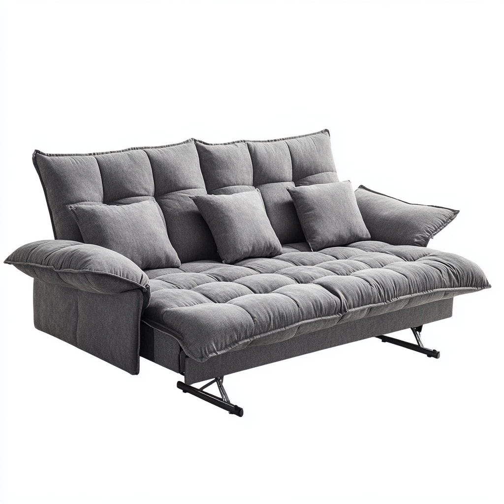 Sofá cama en tela gris 1,9x0,9 m con cojines decorativos