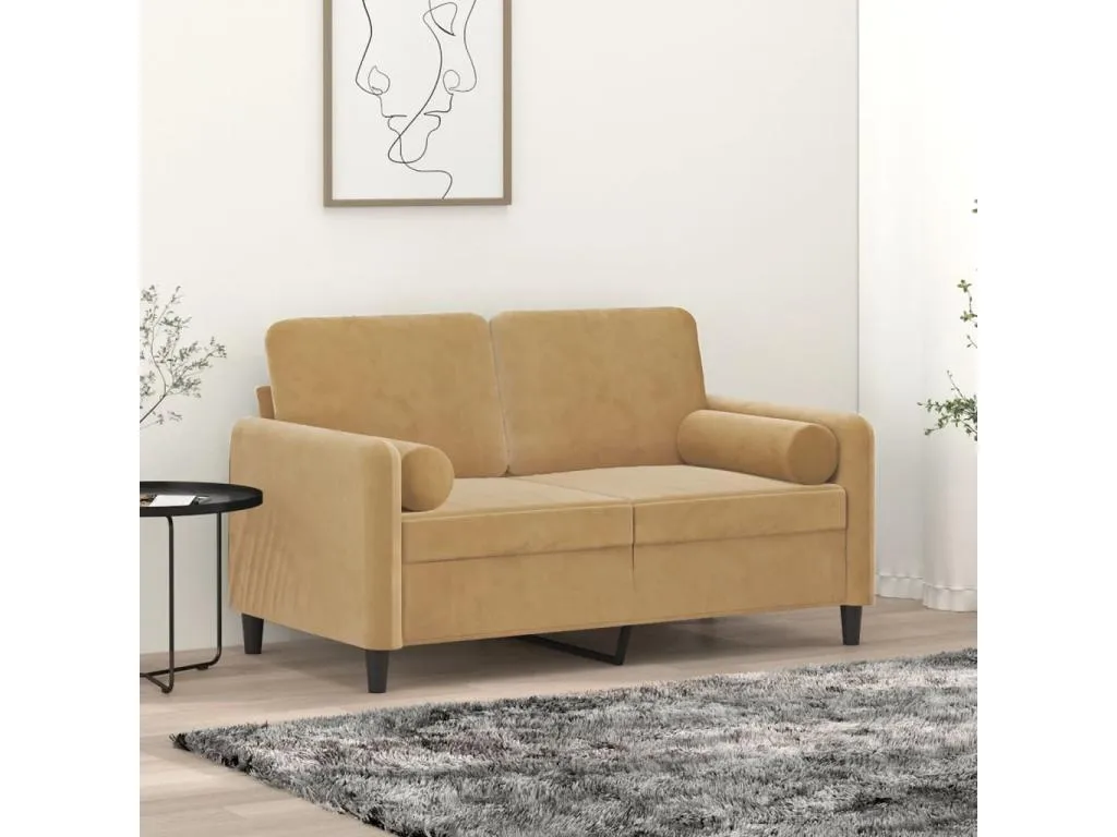 Sofá de 2 plazas con cojines terciopelo marrón 120 cm