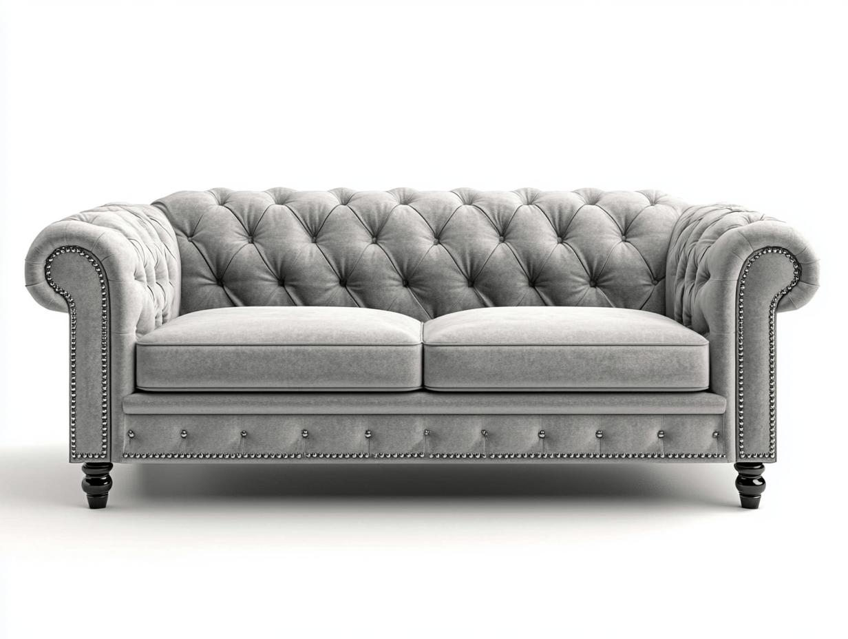 Sofá terciopelo gris 2 plazas capitoné patas madera
