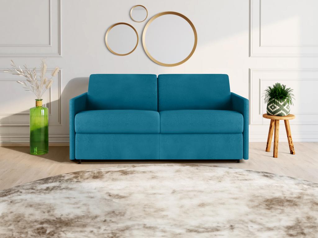 Sofá cama italiano 3 plazas de tela CALIFE - Turquesa - Cama 140 cm - Colchón 18 cm