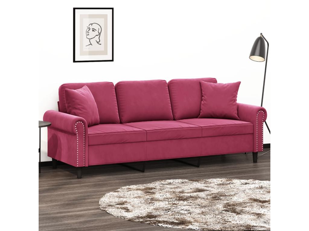 Sofá de 3 plazas con cojines Joliven rojo tinto 180 cm