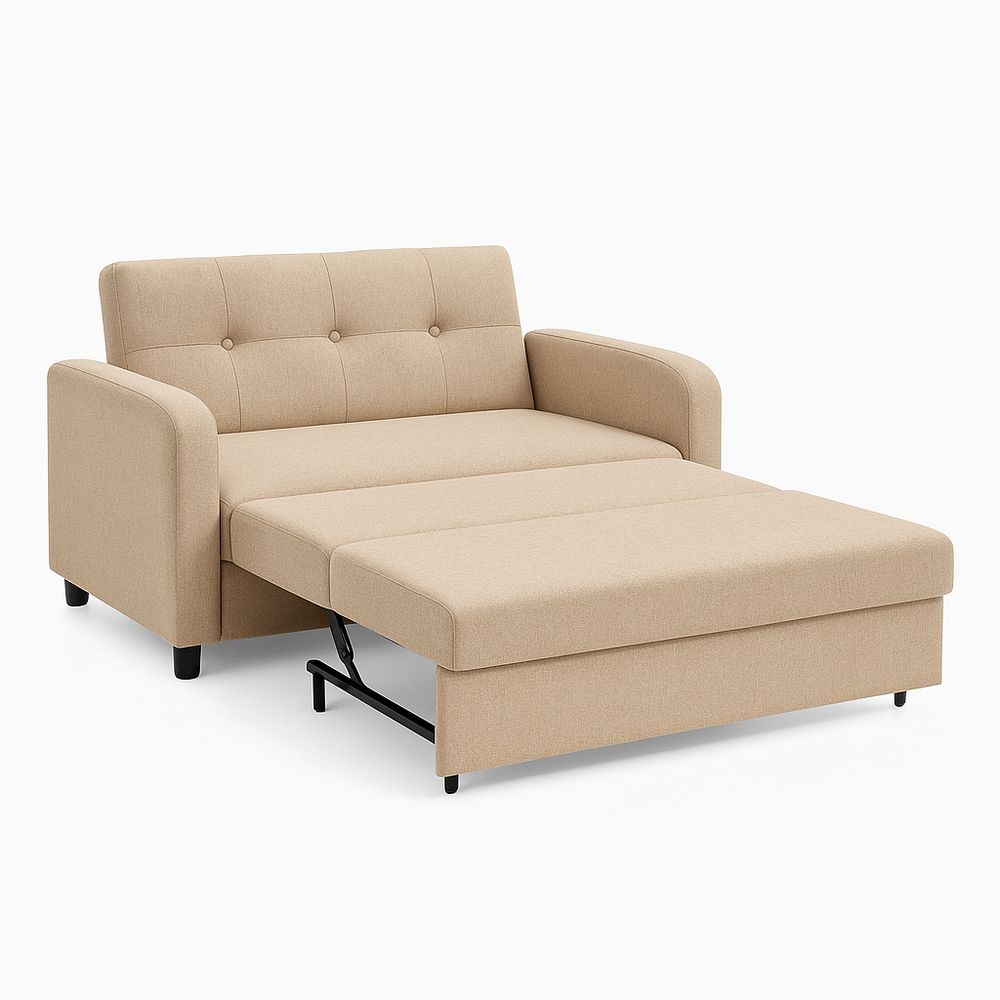 Sofá cama moderno de tela, convertible y compacto, color beige, ideal para espacios pequeños