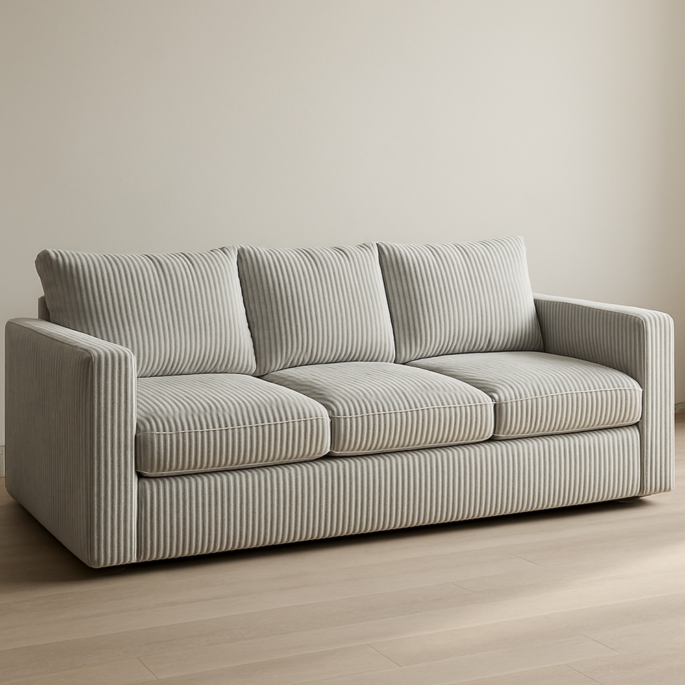 Sofá de 3 plazas en tela de poliéster gris rayada con estructura de madera y patas de madera maciza, 200x90x85 cm