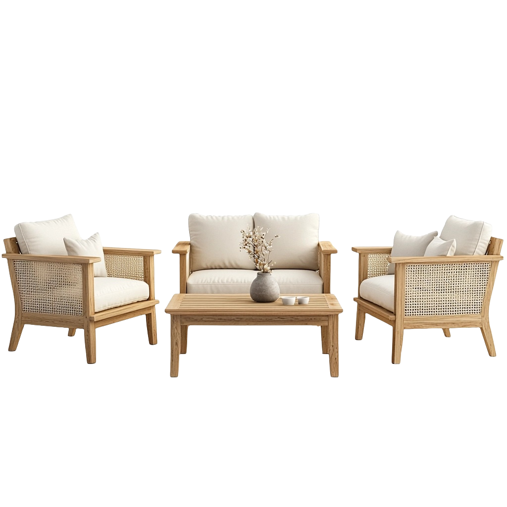 Conjunto de sala moderno de madera natural y ratán beige, sofá de 2 plazas, 2 sillones y mesa de centro, estilo minimalista np9849148