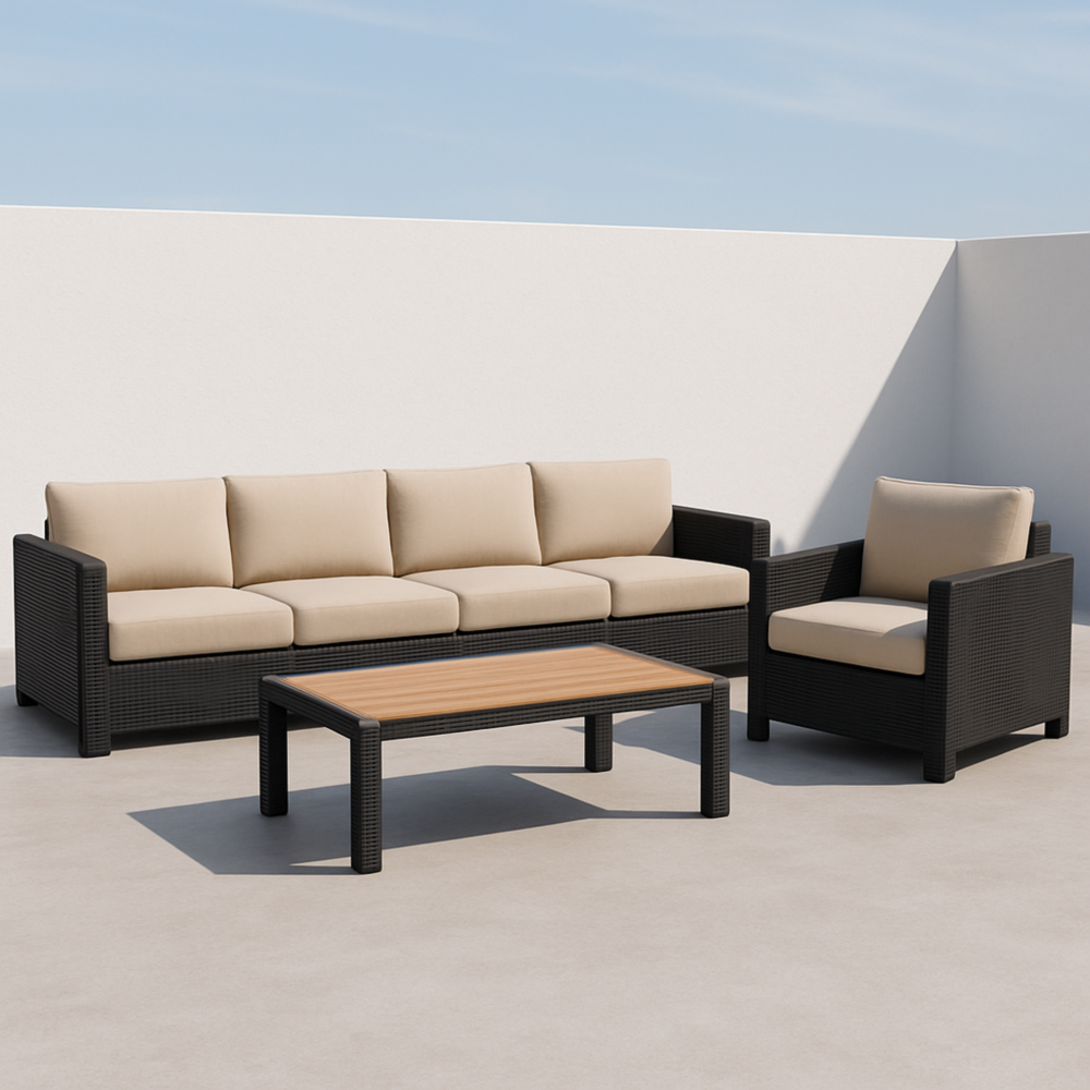 Conjunto de muebles de exterior con sofá 4 plazas, sillón y mesa