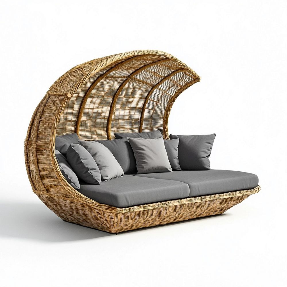 Sofá Cama Rattan Natural Gris Exteriores Relajación 220x150 cm