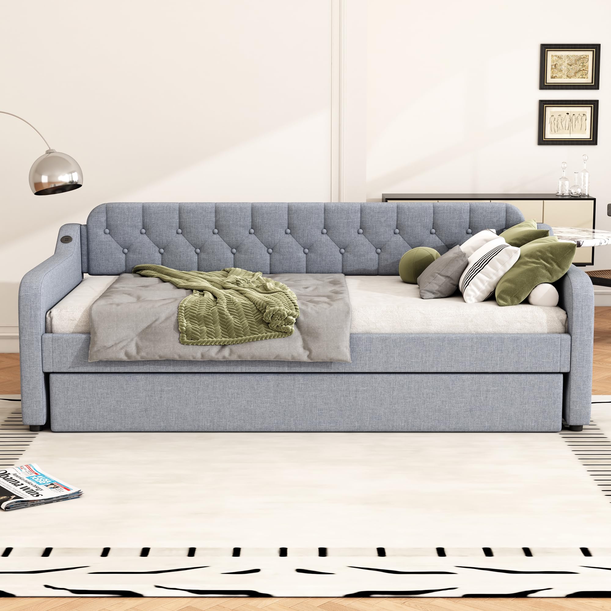 Sofá cama doble plegable 90x200 cm con USB gris