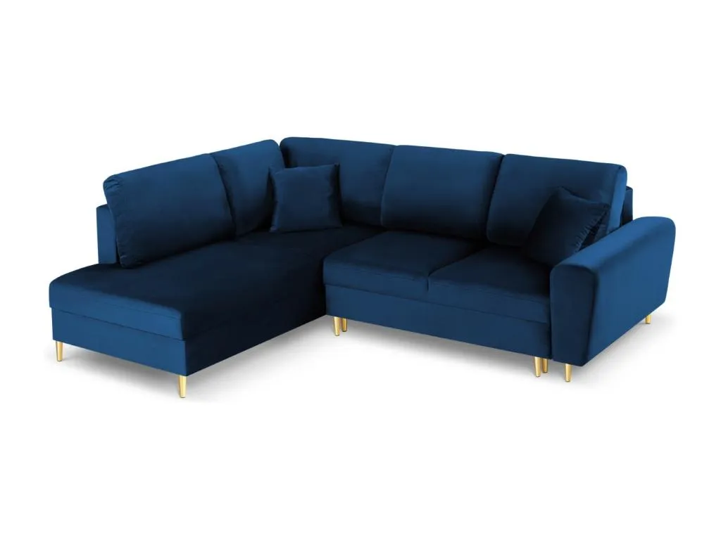 Decounico - Sofá cama esquinero izquierdo con baúl de almacenaje Decounico 5 plazas de terciopelo azul Decounico - 243x194x88cm