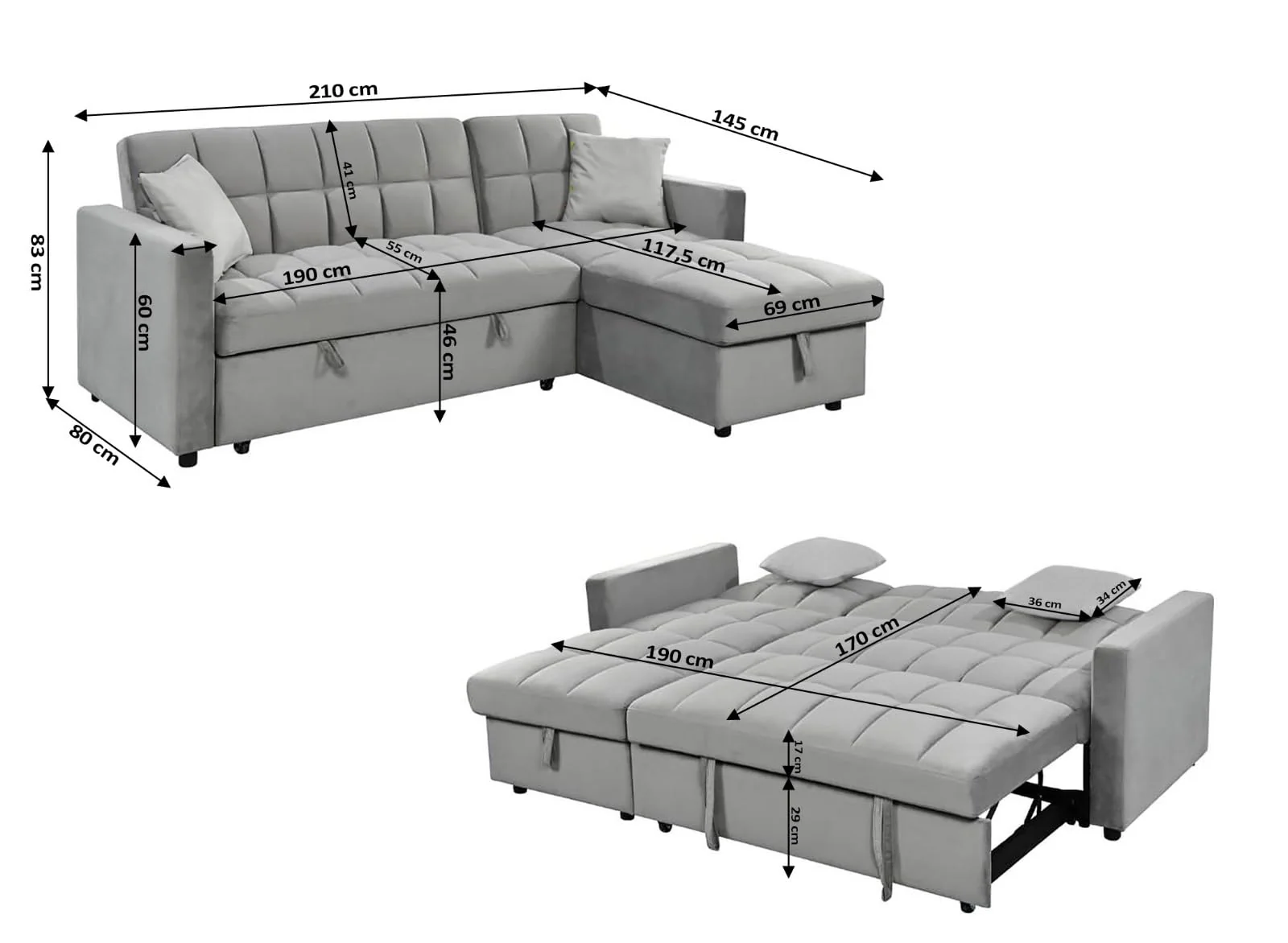 Sofá cama chaise longue reversible con arcón 210x145 cm
