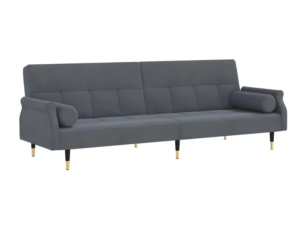 Sofá cama con cojines de terciopelo gris oscuro.