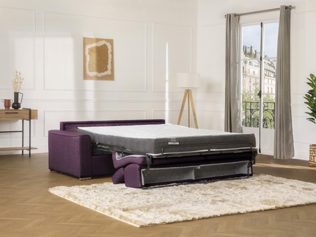 Sofá cama de 4 plazas de tela de apertura rápida VIZIR - Violeta - Somier de láminas de 160 cm - Colchón de 18 cm con memoria de forma