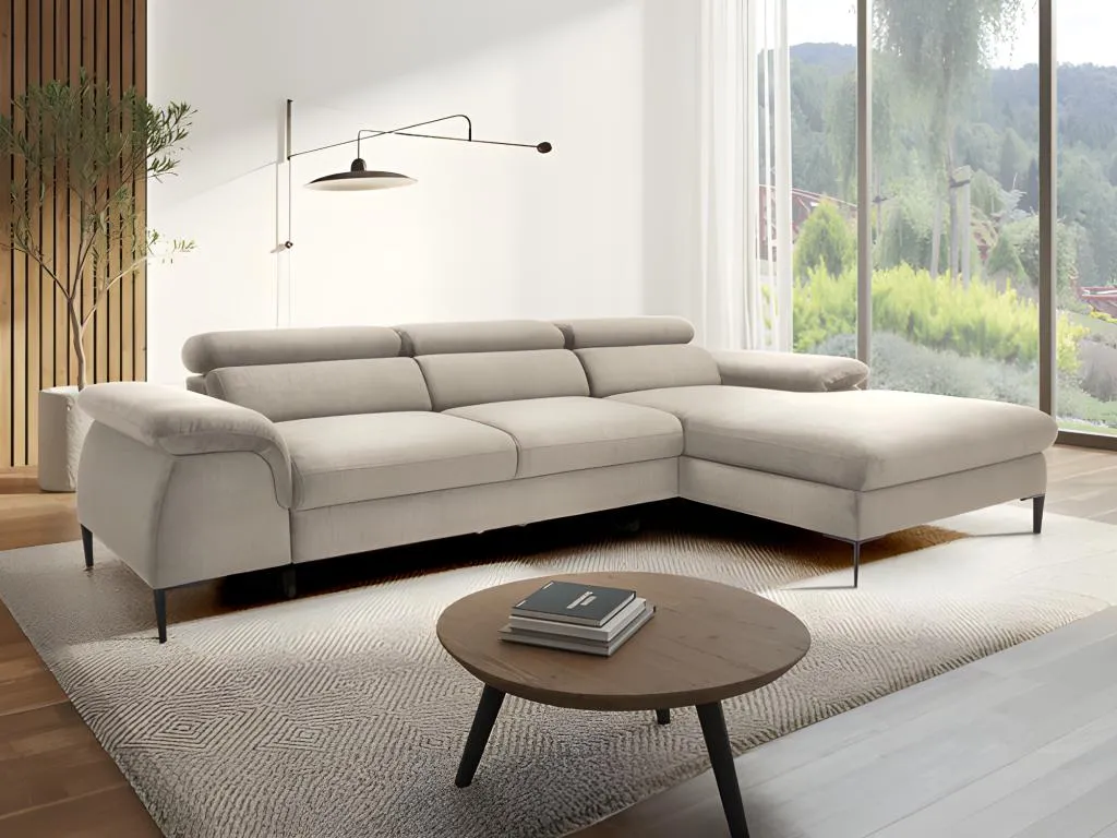 Sofá cama esquinero derecho de terciopelo beige Hogarmini cpvh24851