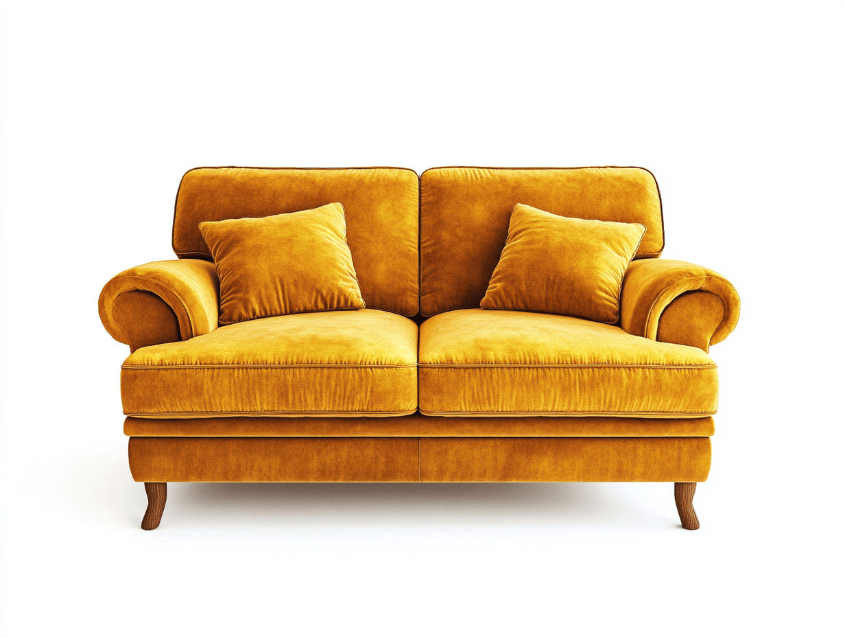 Sofá amarillo 2 plazas 150x90x85 cm con reposabrazos enrollables y patas de madera