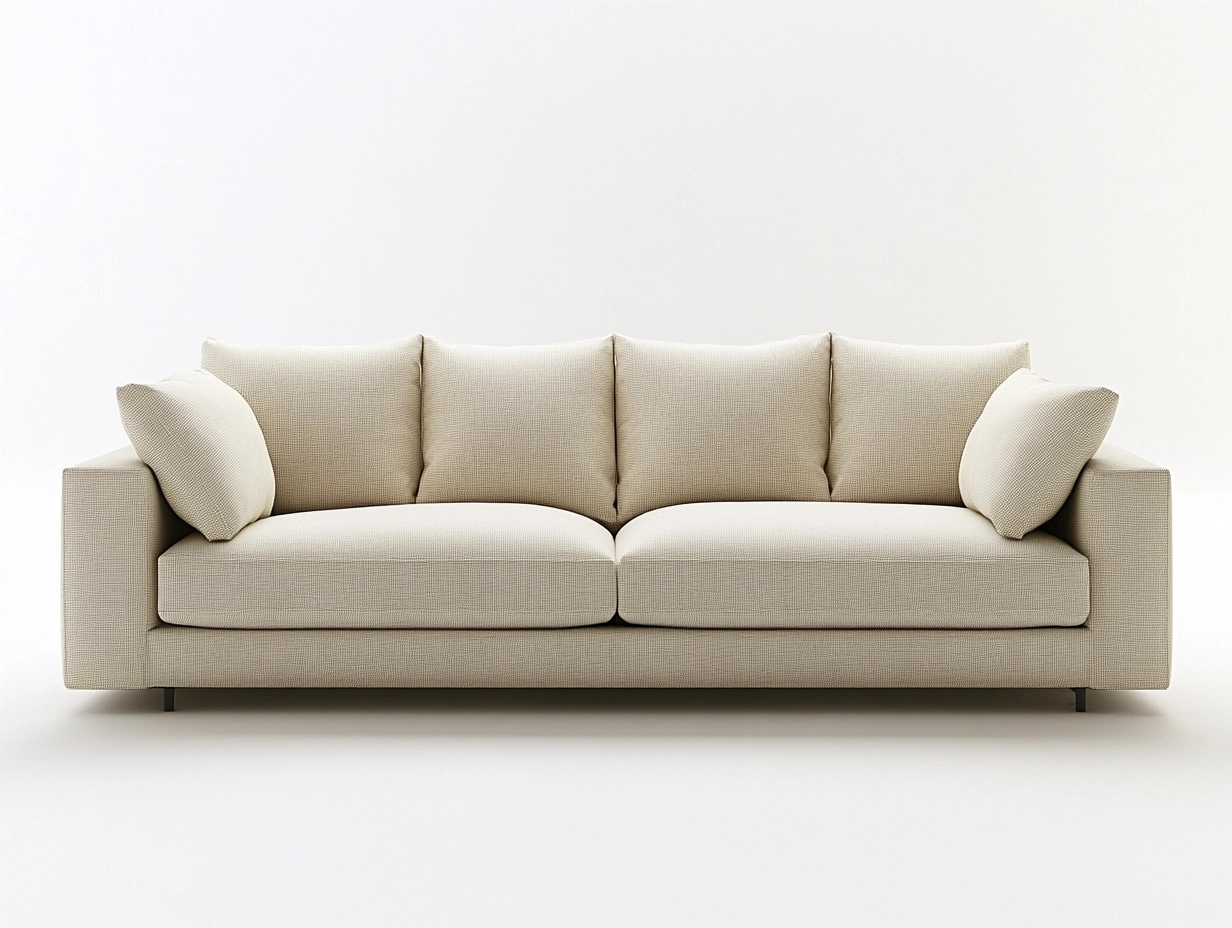 Sofá beige de 3 plazas con cojines sueltos y brazos rectos, 210x90x85 cm
