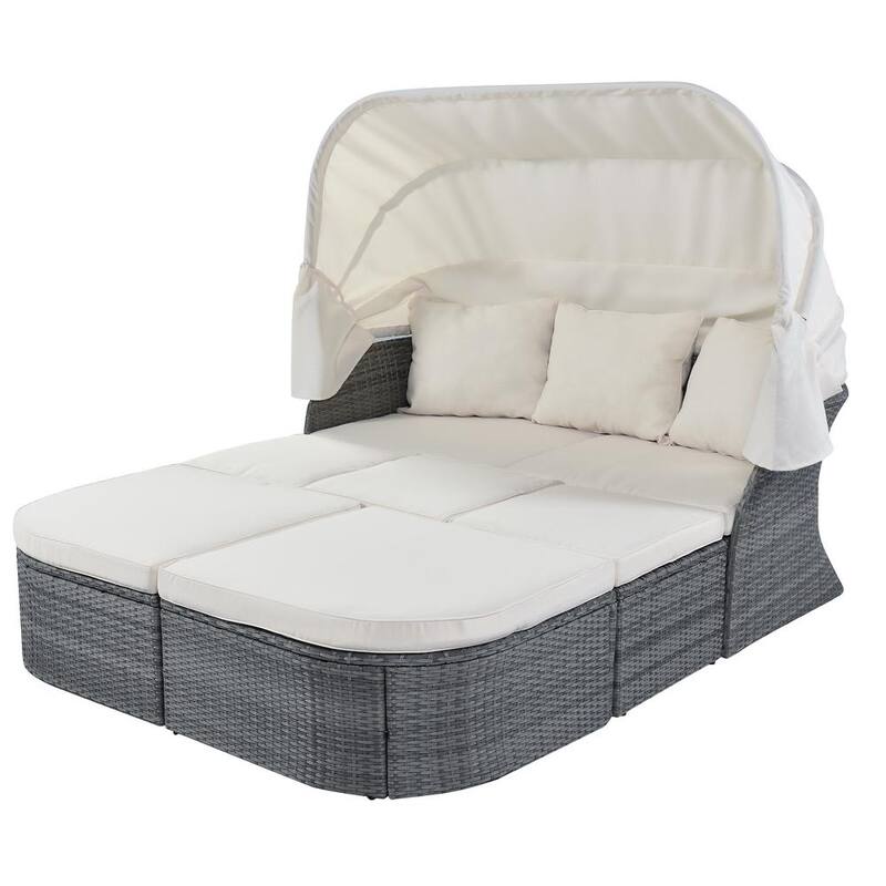 Set de Mobiliario de Patio Exterior de Rattan de 3 Piezas con Sofá Cama y Sombrilla Retráctil, Cojines Blancos ek2739792