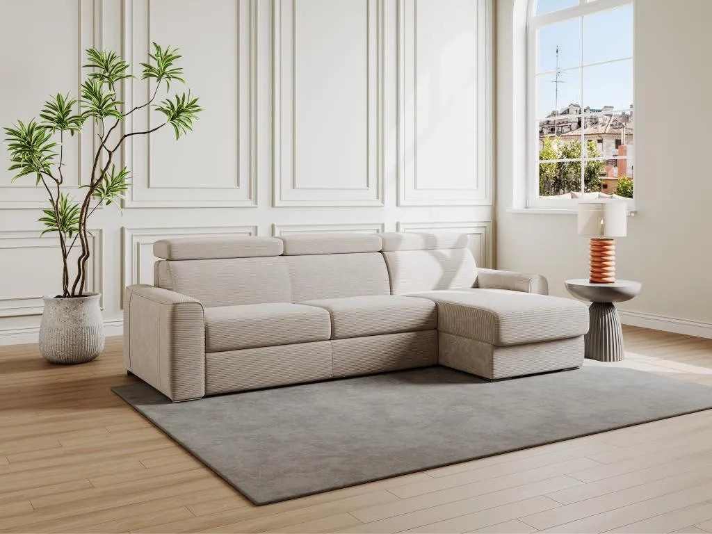 Sofá cama esquinero reversible tipo italiano de pana beige - Cama de 160 cm - Colchón de 14 cm - Sancaldeco JTRM59835