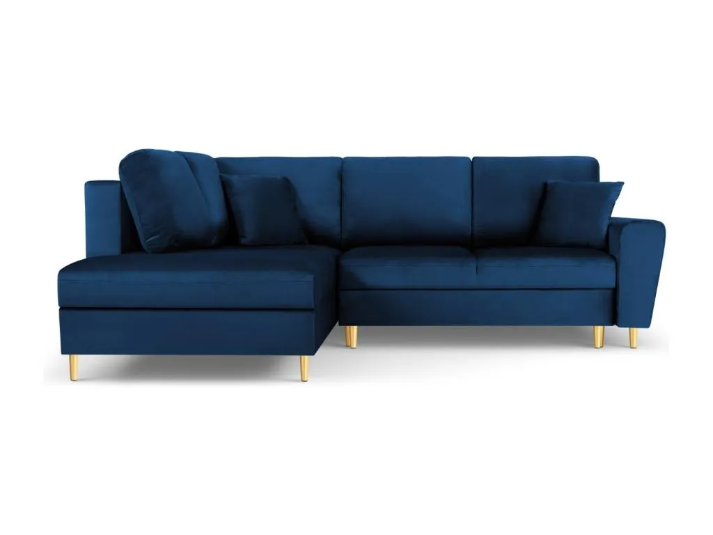 Decounico - Sofá cama esquinero izquierdo con baúl de almacenaje Decounico 5 plazas de terciopelo azul Decounico - 243x194x88cm