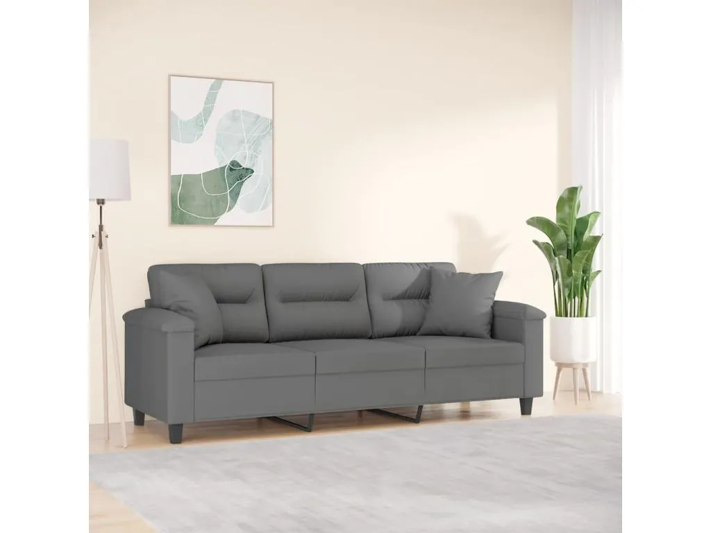 Sofá de 3 plazas con cojines tela microfibra gris oscuro 180 cm
