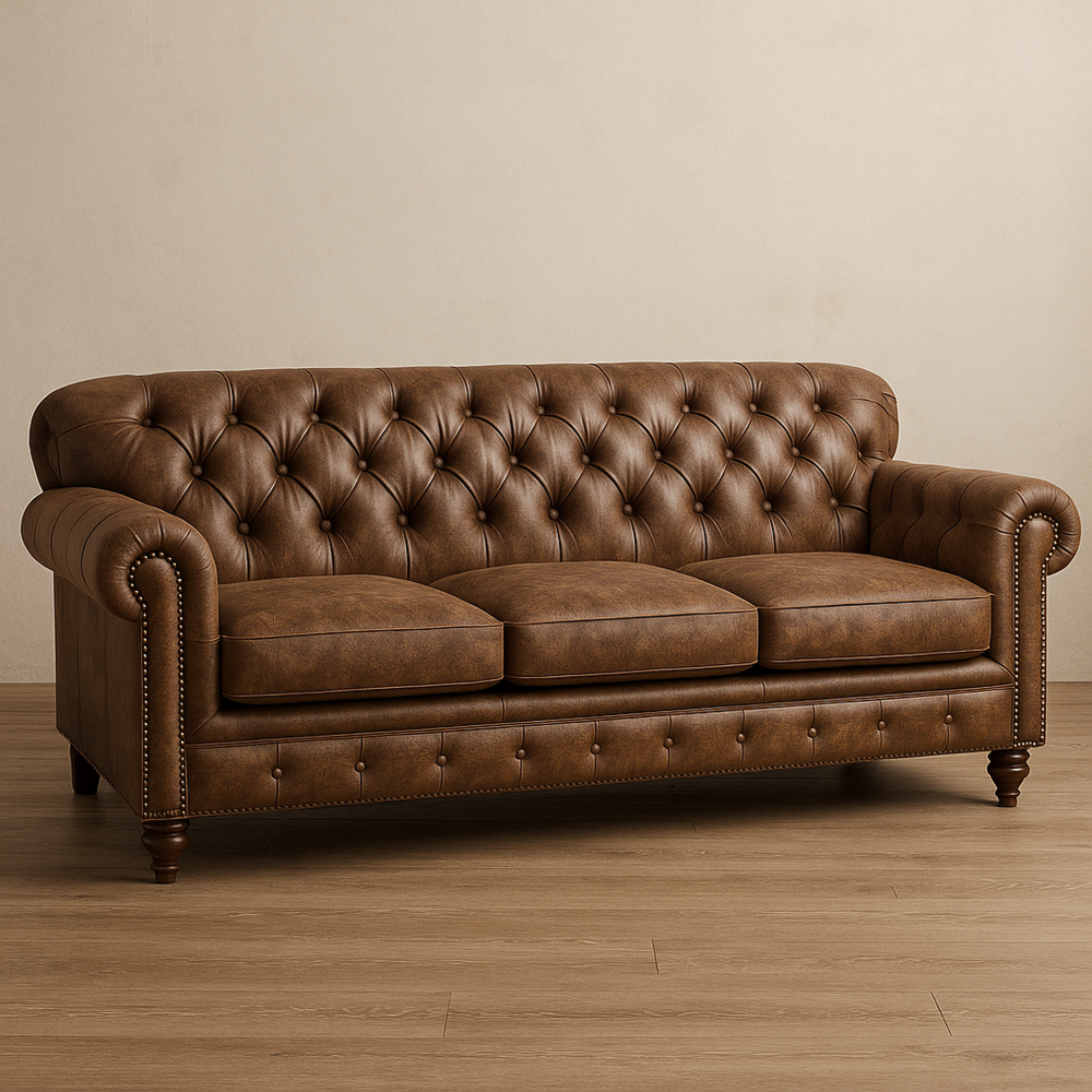 Sofá de 3 Plazas en Cuero PU Marrón con Diseño Capitoneado 210x90x85cm